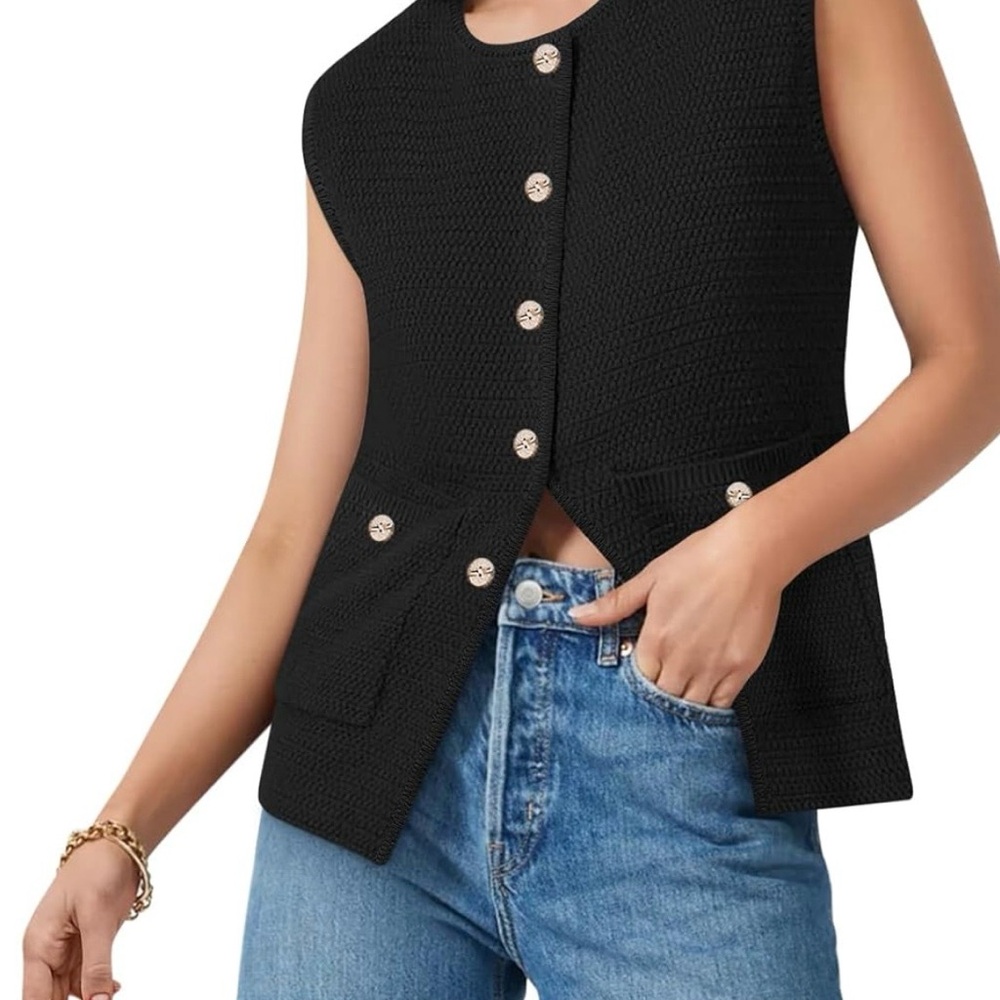 Black Sleeveless Button-Front Knit Sweater Vest
